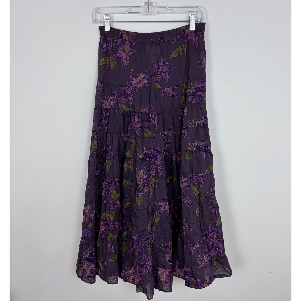 Coldwater Creek Purple Floral Tiered Maxi Skirt Cotton Fairy Cottage XS Petite
